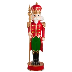 New The Jolly Christmas Shop Raz 47" Large Lighted Red And Green Nutcracker With Staff Christmas Figure 4401662