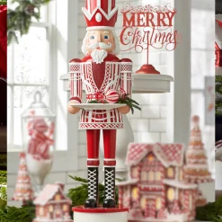 The Jolly Christmas Shop Raz 36" Large Red And White Christmas Peppermint Nutcracker With Serving Tray 4401602