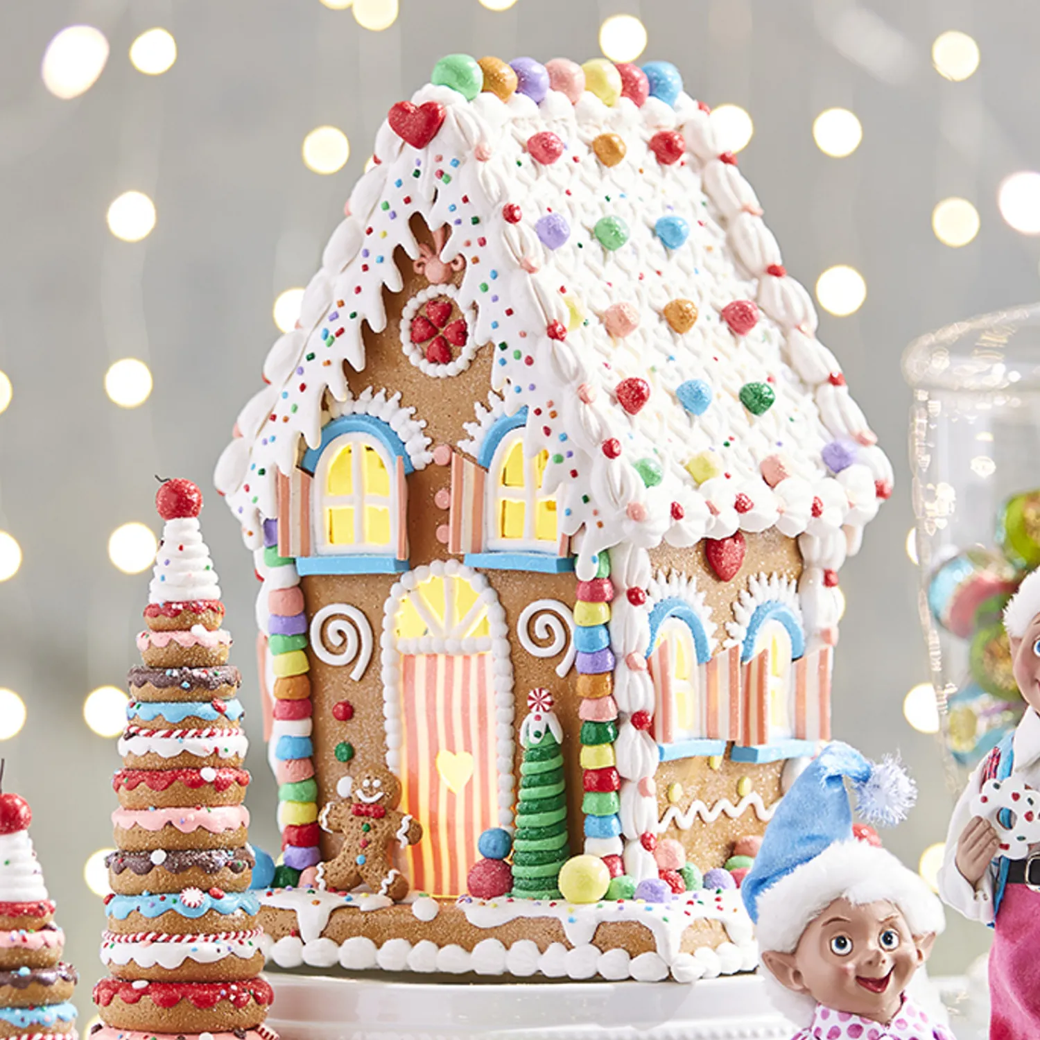The Jolly Christmas Shop Raz 14" LED Lighted Claydough Pastel Colored Gingerbread House Christmas Figure 3919187