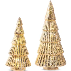 The Jolly Christmas Shop Raz 11.5" Lighted Gold Glass Ribbed Christmas Tree Figure Set Of 2 4324552