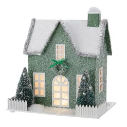 New The Jolly Christmas Shop Raz 9.25" Lighted Green Cardboard Christmas House 4219092