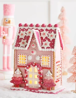 Sale The Jolly Christmas Shop Raz 13" Lighted Pink Christmas Gingerbread House Decoration 4416187