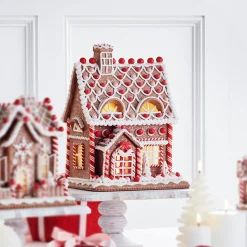 New The Jolly Christmas Shop Raz 12" Lighted Realistic Pink And Red Christmas Gingerbread House 4316086
