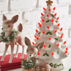The Jolly Christmas Shop Raz 13" Lighted Vintage White Ceramic Christmas Tree With Holly And Red Bulbs 4419049