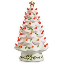 The Jolly Christmas Shop Raz 13" Lighted Vintage White Ceramic Christmas Tree With Holly And Red Bulbs 4419049