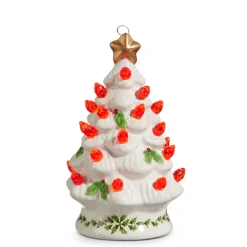 The Jolly Christmas Shop Raz 5" Lighted Vintage White Ceramic Tree With Holly And Red Bulbs Christmas Ornament 4419109