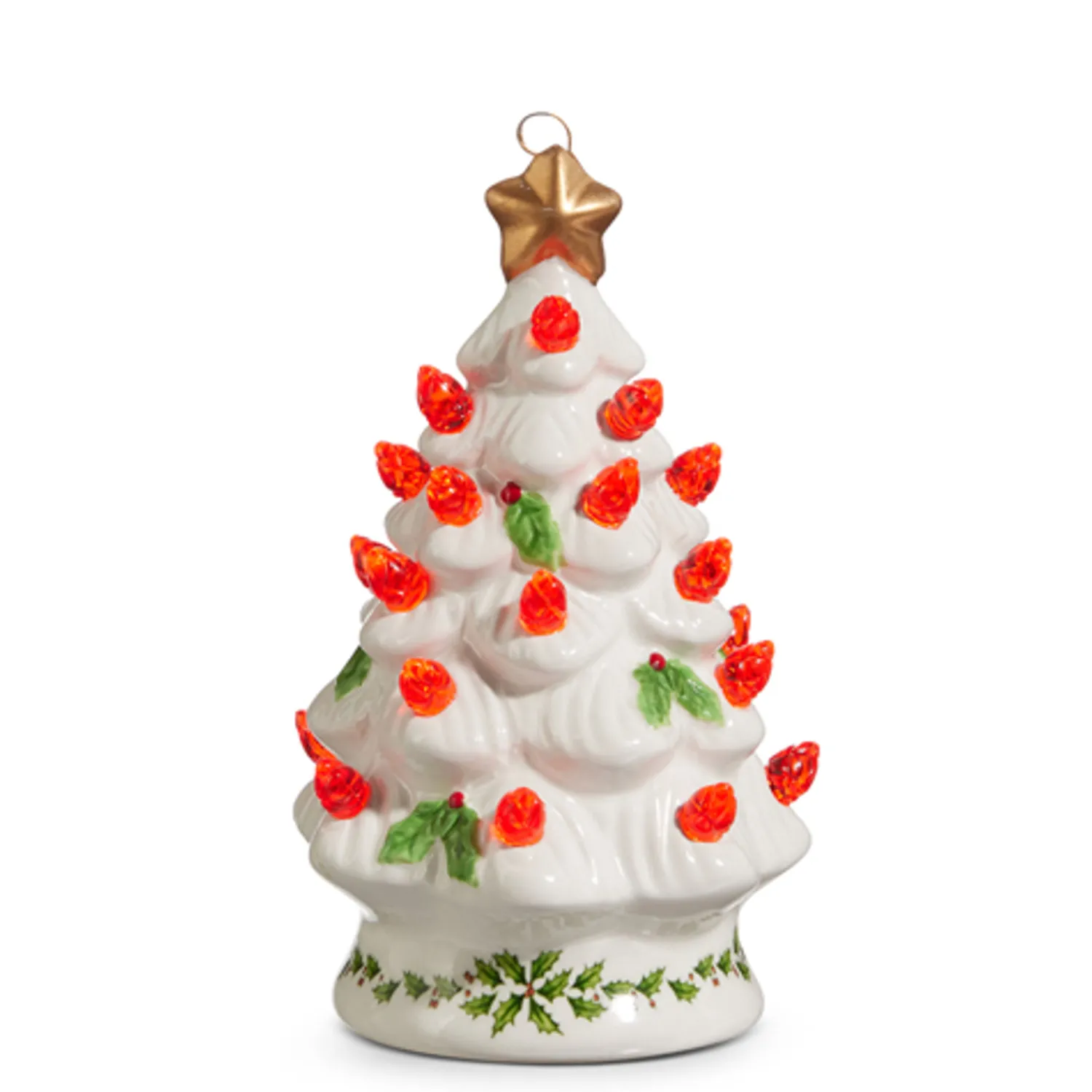 The Jolly Christmas Shop Raz 5" Lighted Vintage White Ceramic Tree With Holly And Red Bulbs Christmas Ornament 4419109