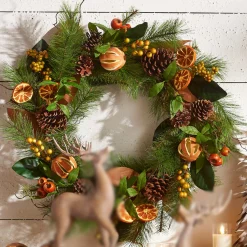 New The Jolly Christmas Shop Raz 24" Mixed Magnolia Leaf And Orange Christmas Wreath W4302475
