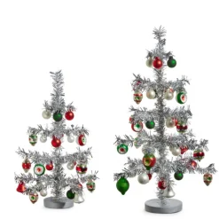 New The Jolly Christmas Shop Raz 14" Or 19.5" Silver Vintage Tinsel Christmas Tree With Ornaments Figure