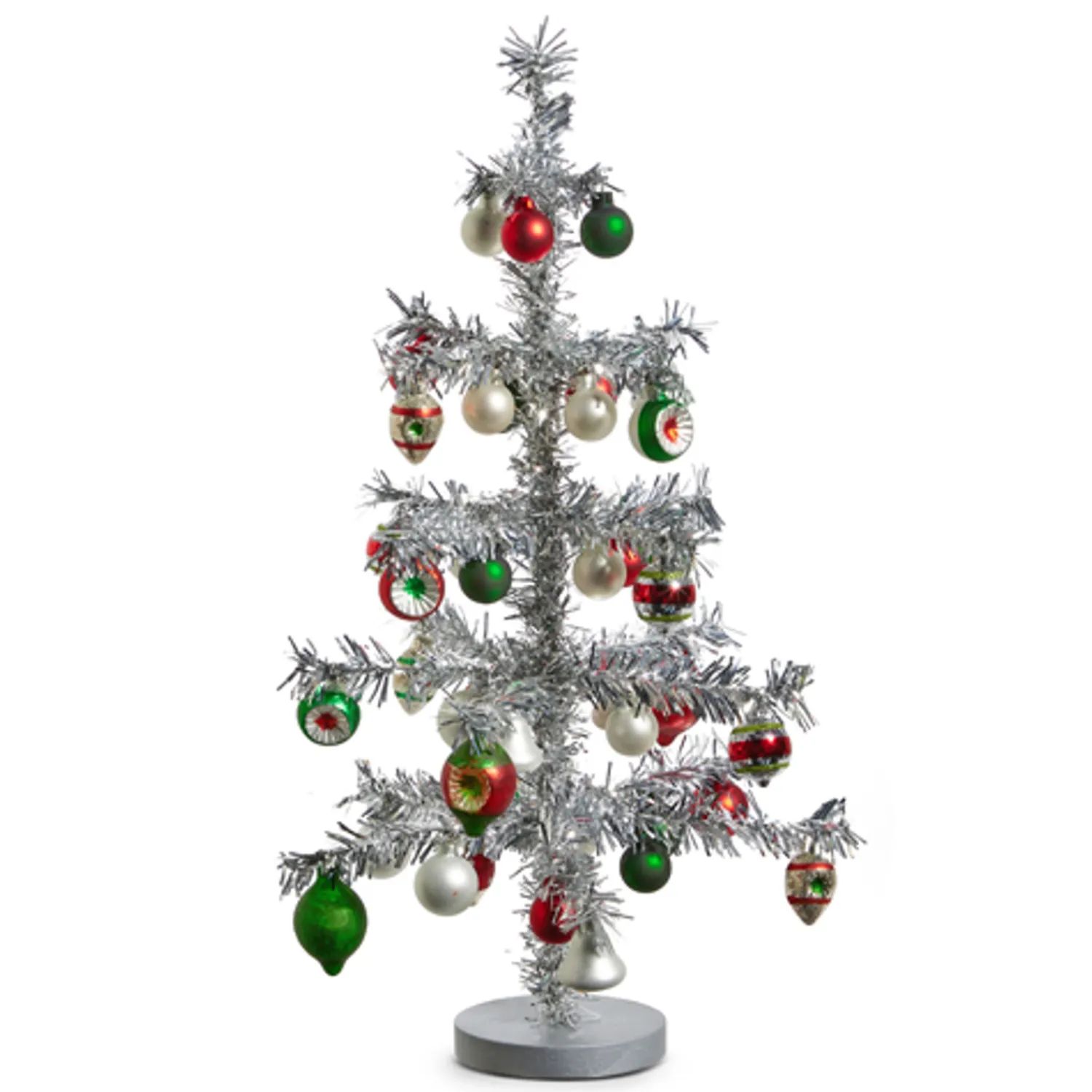 New The Jolly Christmas Shop Raz 14" Or 19.5" Silver Vintage Tinsel Christmas Tree With Ornaments Figure