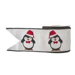 Hot The Jolly Christmas Shop Raz 4" Penguin Embroidered Wired Christmas Ribbon R4171870