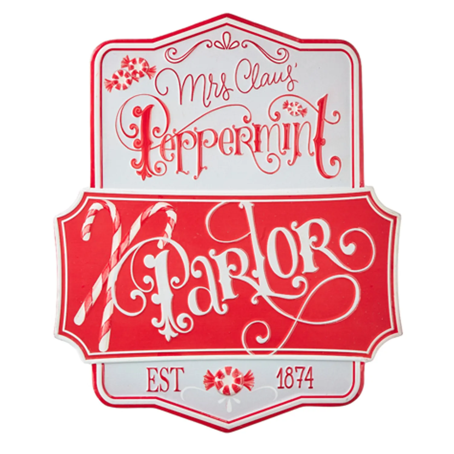 Sale The Jolly Christmas Shop Raz 21.75" Peppermint Parlor Embossed Metal Christmas Sign 4111274
