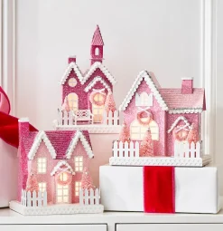 Discount The Jolly Christmas Shop Raz 9.25" Pink Lighted Glittered Christmas House 4412500