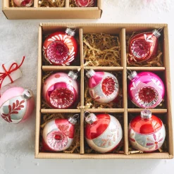 New The Jolly Christmas Shop Raz 3" Pink Vintage Glass Christmas Ornaments Box Of 9 4422850