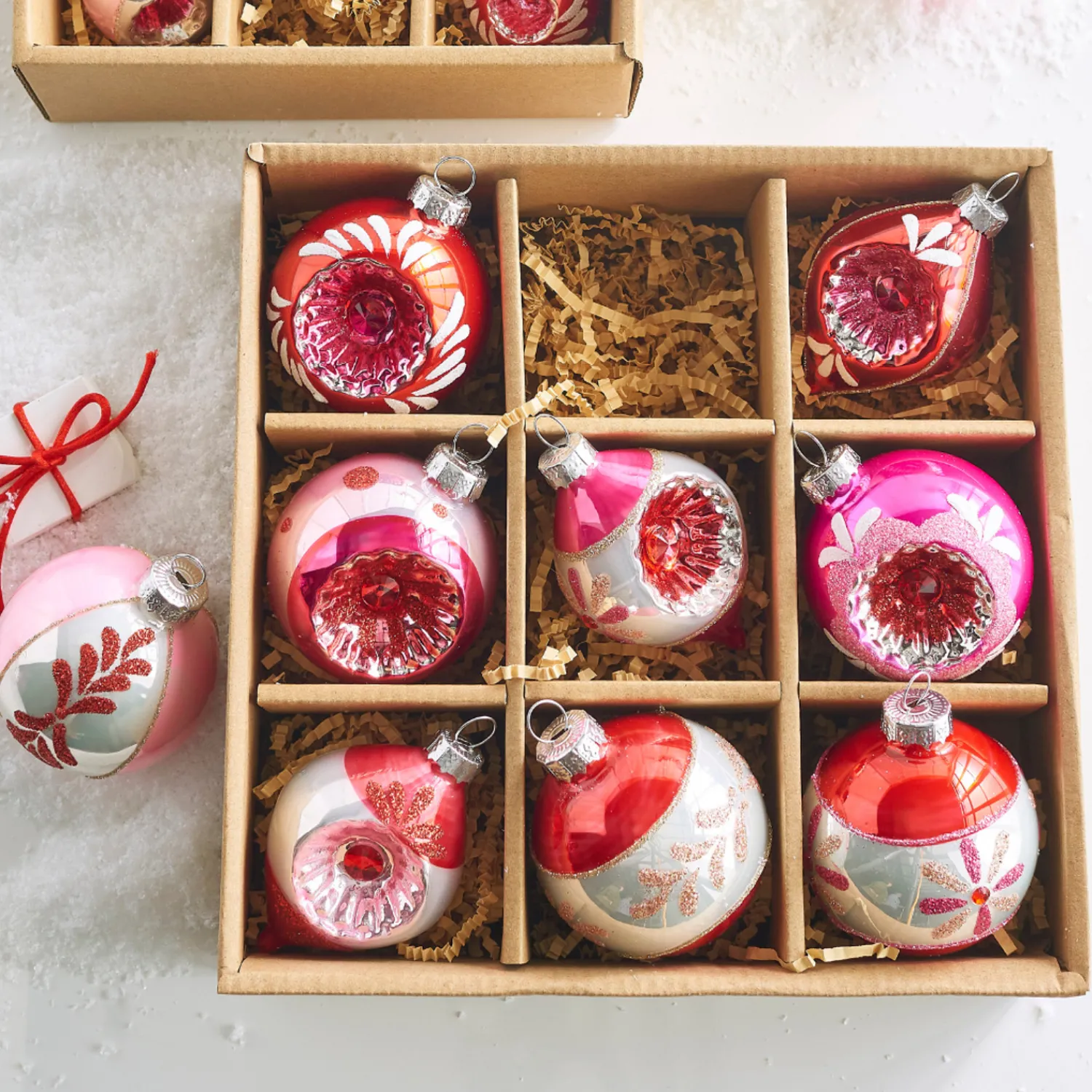 New The Jolly Christmas Shop Raz 3" Pink Vintage Glass Christmas Ornaments Box Of 9 4422850