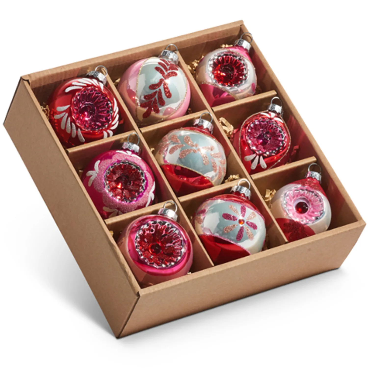 New The Jolly Christmas Shop Raz 3" Pink Vintage Glass Christmas Ornaments Box Of 9 4422850