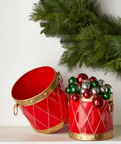 The Jolly Christmas Shop Raz 10.5" Red And Gold Drum Christmas Container Decoration 4425918