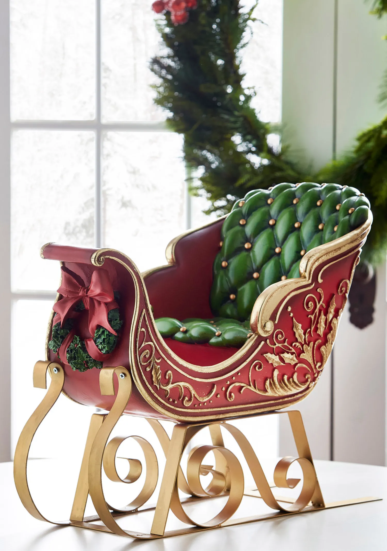 New The Jolly Christmas Shop Raz 22" Red And Gold Metal Sleigh Christmas Figure 4310180