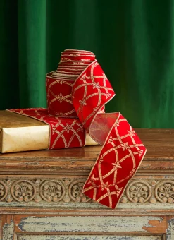 New The Jolly Christmas Shop Raz 4" Red And Gold Patterned Wired Christmas Ribbon R4327721