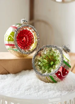 Outlet The Jolly Christmas Shop Raz 4" Red And Green Vintage Reflector Ball Glass Christmas Ornament 4352880