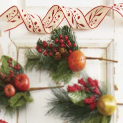 Outlet The Jolly Christmas Shop Raz 2.5" Red And Tan Embroidered Wired Christmas Ribbon R4027803
