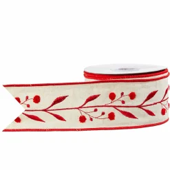 Outlet The Jolly Christmas Shop Raz 2.5" Red And Tan Embroidered Wired Christmas Ribbon R4027803