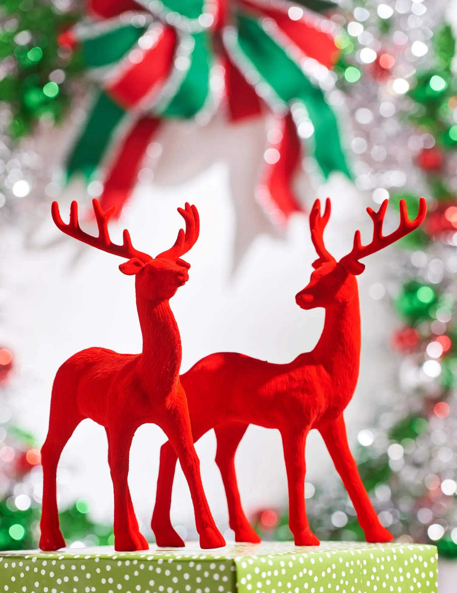 Outlet The Jolly Christmas Shop Raz 13" Red Flocked Deer Figure Set Of 2 4432754