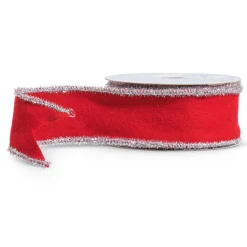 New The Jolly Christmas Shop Raz 2.5" Red Or Green Felt With Silver Tinsel Trim Wired Christmas Ribbon