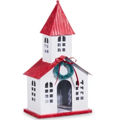 Clearance The Jolly Christmas Shop Raz 16.75" Red Roof Metal Church Christmas House 4312335