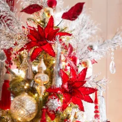 Clearance The Jolly Christmas Shop Raz 26" Red Tinsel Edge Poinsettia Stem Christmas Tree Accessory F4322742