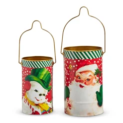 Hot The Jolly Christmas Shop Raz 9.5" Retro Santa And Snowman Christmas Bucket Decorations Set Of 2 4411208