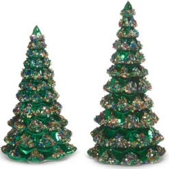 Hot The Jolly Christmas Shop Raz 9.75" Sequined Green Tree Glass Christmas Figure Set Of 2 4424655