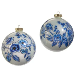 New The Jolly Christmas Shop Raz 5" Set Of 2 Blue Floral Delft Glass Ball Christmas Ornament 4452867