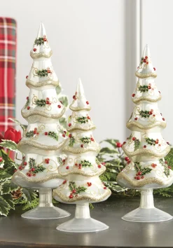 Clearance The Jolly Christmas Shop Raz 13.25" Set Of 3 Holly Patterned Jeweled Glass Christmas Tree Figure 4122863