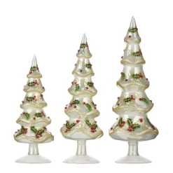 Clearance The Jolly Christmas Shop Raz 13.25" Set Of 3 Holly Patterned Jeweled Glass Christmas Tree Figure 4122863
