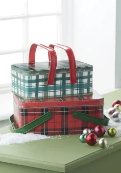Clearance The Jolly Christmas Shop Raz 10.5" Set Of 2 Metal Plaid Handled Picnic Basket Christmas Decoration 4111234