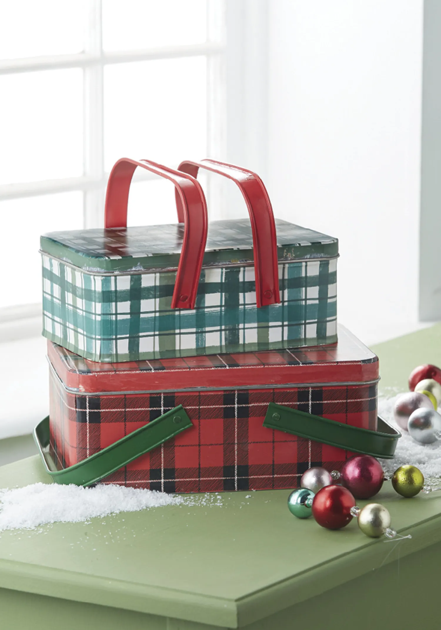 Clearance The Jolly Christmas Shop Raz 10.5" Set Of 2 Metal Plaid Handled Picnic Basket Christmas Decoration 4111234