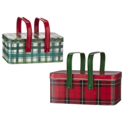 Clearance The Jolly Christmas Shop Raz 10.5" Set Of 2 Metal Plaid Handled Picnic Basket Christmas Decoration 4111234