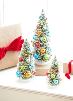 New The Jolly Christmas Shop Raz 12" Set Of 3 Snowy Bottle Brush Trees With Colorful Ornaments Christmas Trees 4316153