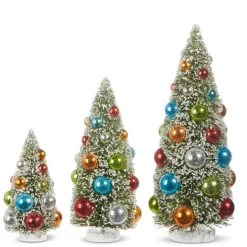 New The Jolly Christmas Shop Raz 12" Set Of 3 Snowy Bottle Brush Trees With Colorful Ornaments Christmas Trees 4316153