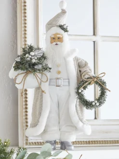 Outlet The Jolly Christmas Shop Raz 18" Silver And Tan Santa With Bag And Wreath Christmas Figure 4115579