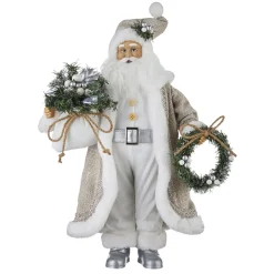 Outlet The Jolly Christmas Shop Raz 18" Silver And Tan Santa With Bag And Wreath Christmas Figure 4115579