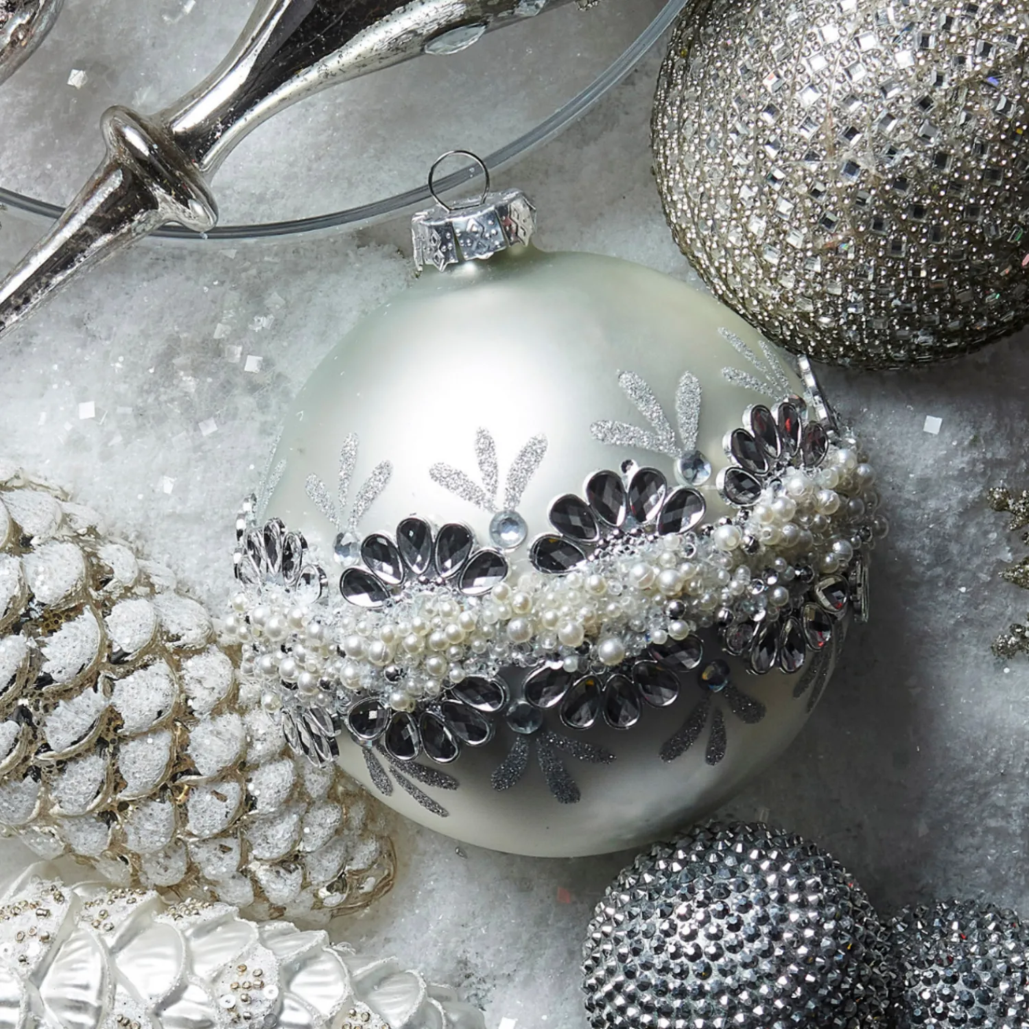 Discount The Jolly Christmas Shop Raz 5" Silver Jeweled And Pearl Glass Ball Christmas Ornament 4424508