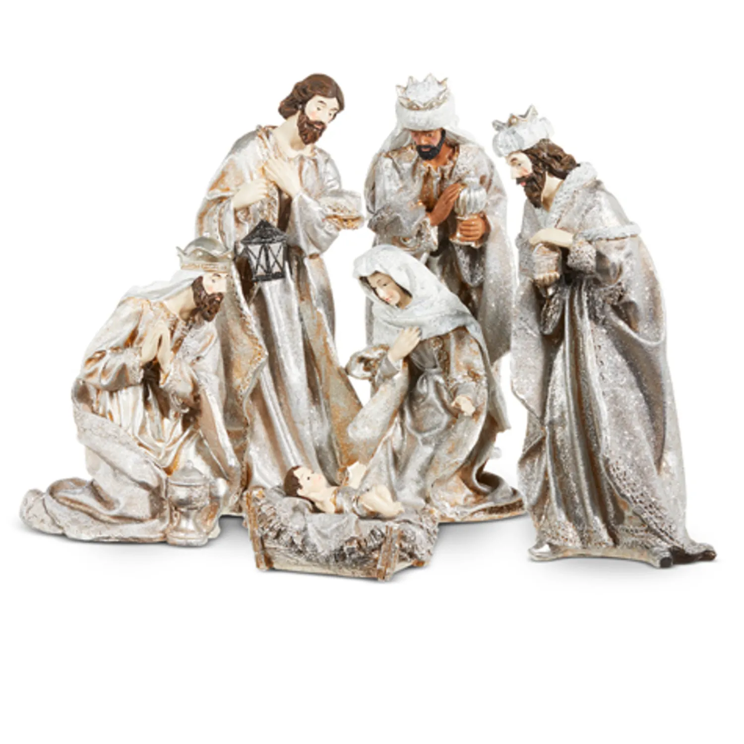 Clearance The Jolly Christmas Shop Raz 15.75" Silver Metallic Christmas Nativity Set 4312107