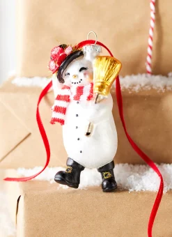 Clearance The Jolly Christmas Shop Raz 4.5" Snowman With Broom Glass Christmas Ornament 4319000