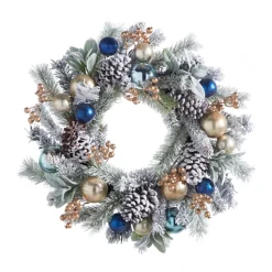 Online The Jolly Christmas Shop Raz 24" Snowy Mixed Greenery And Blue And Gold Ornament Christmas Wreath W4302540