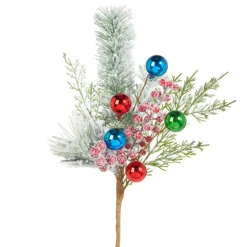 New The Jolly Christmas Shop Raz 16" Snowy Pine And Multicolor Ball Ornament Christmas Tree Pick F4306722