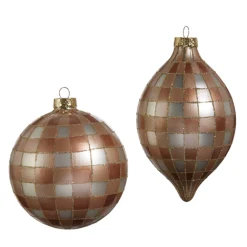 New The Jolly Christmas Shop Raz 5" Tan Gingham Glass Christmas Ornament 4424580