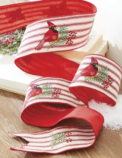 Online The Jolly Christmas Shop Raz 4" Ticking Stripe Cardinal Embroidered Wired Christmas Ribbon R4227725