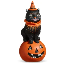 New The Jolly Christmas Shop Raz 9.5" Vintage Inspired Cat On Pumpkin Halloween Figure Decoration 4416206